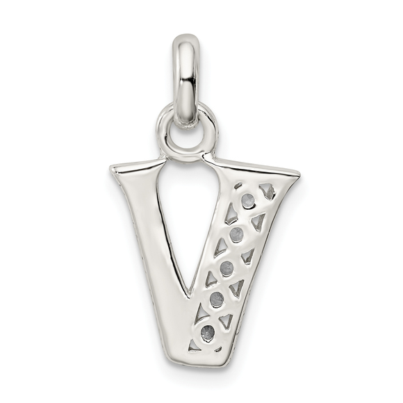 Sterling Silver White CZ Letter V Initial Pendant - Picture 3 of 4